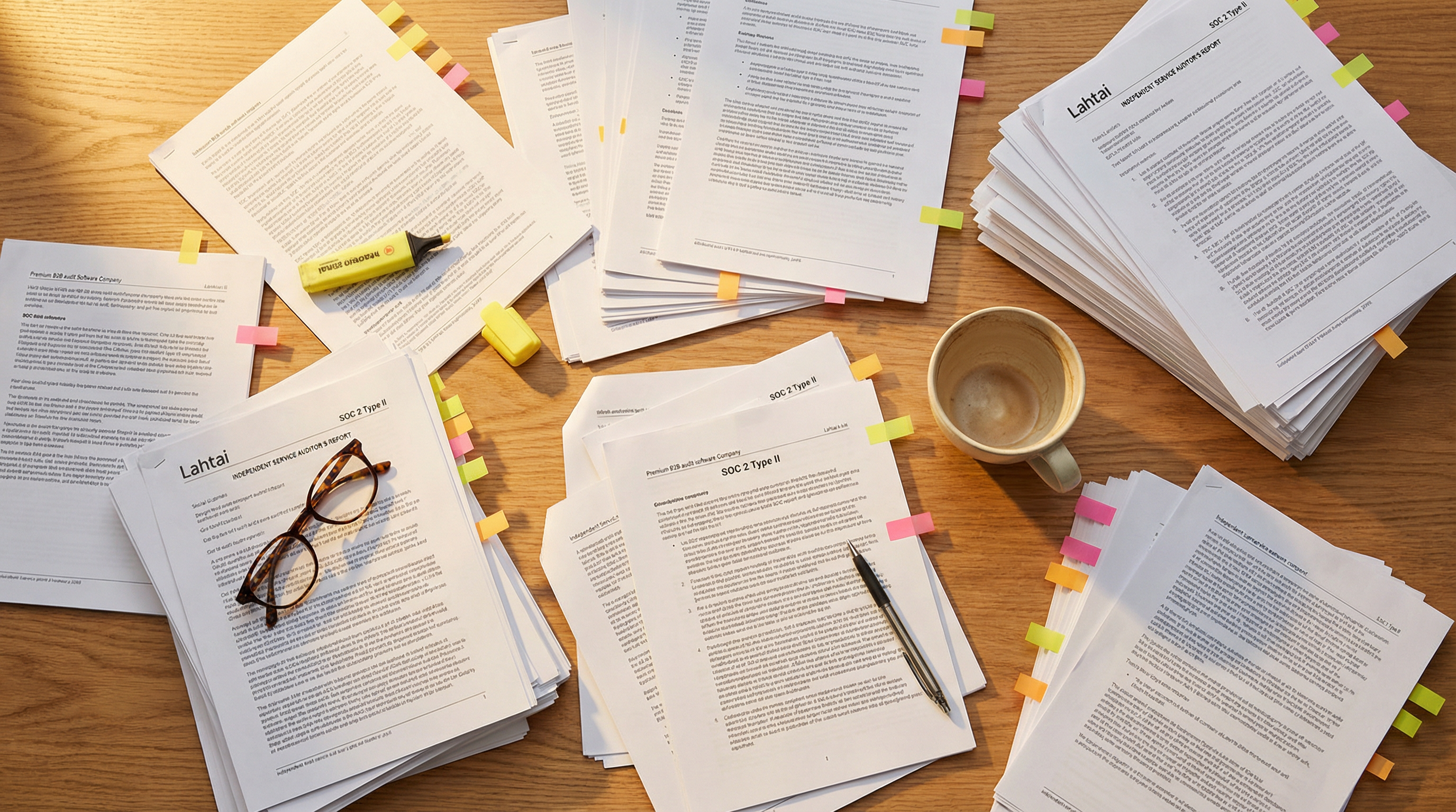 Stacks of audit documents with sticky notes - the reality of manual document review